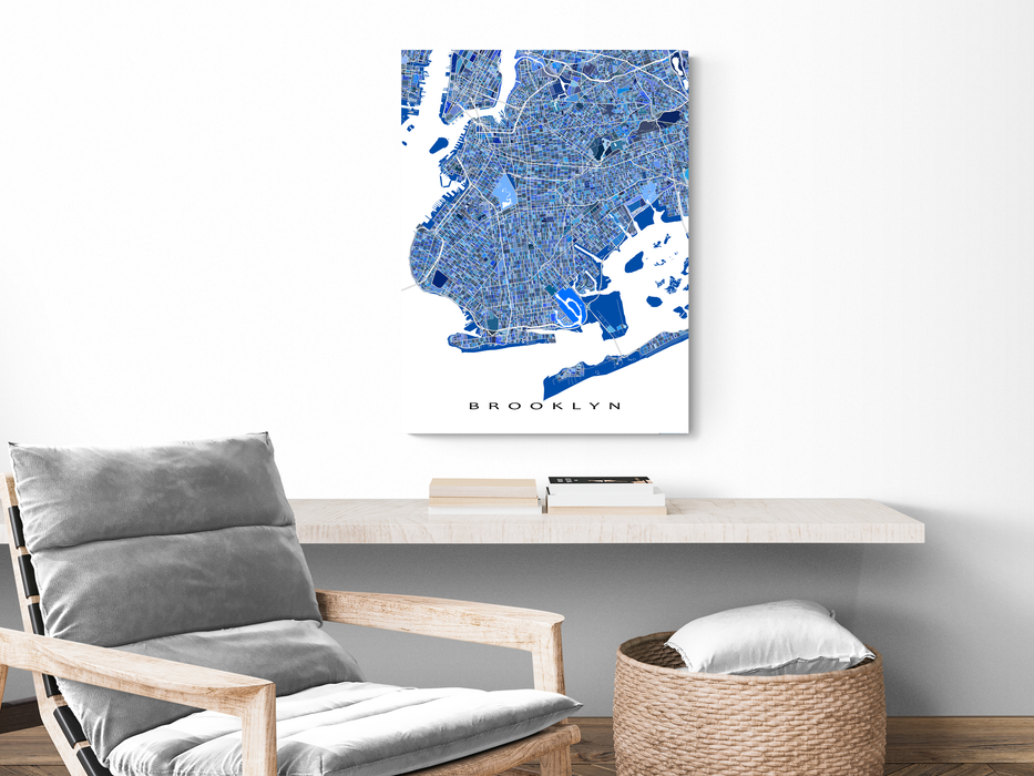 Brooklyn, New York City map art print in blue shapes designed by Maps As Art.
