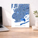 Map of Brooklyn on a wall above a desk with a laptop and plant.
