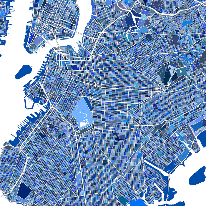 Map of a city with a grid layout in shades of blue on a white background