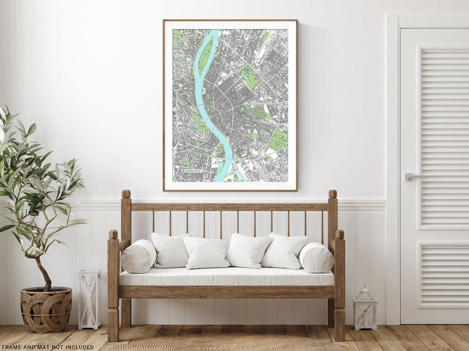 Budapest, Hungary map art print with city streets and buildings designed by Maps As Art.