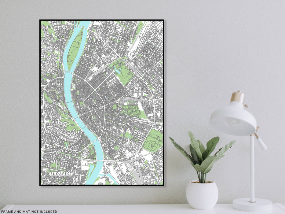 Budapest, Hungary map art print with city streets and buildings designed by Maps As Art.