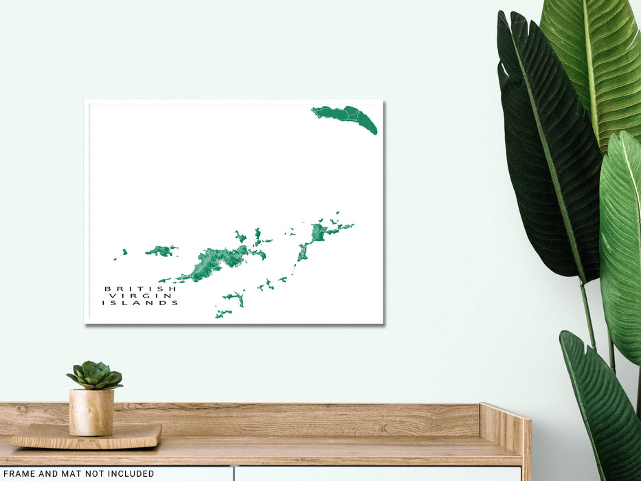 British Virgin Islands map print with natural landscape and main roads designed by Maps As Art.
