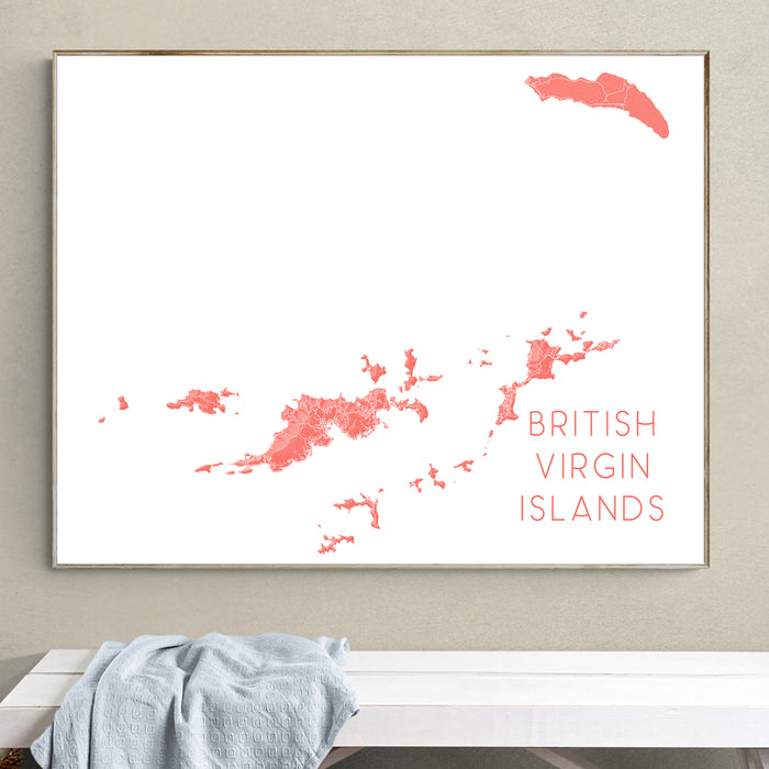 Framed map of the British Virgin Islands on a wall above a bench.