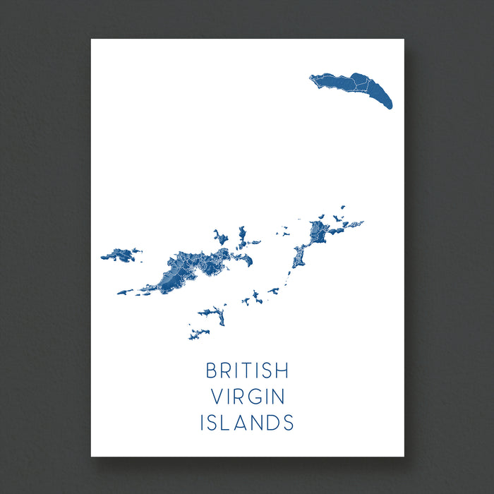 Map of the British Virgin Islands on a white background with blue islands.