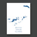 Map of the British Virgin Islands on a white background with blue islands.