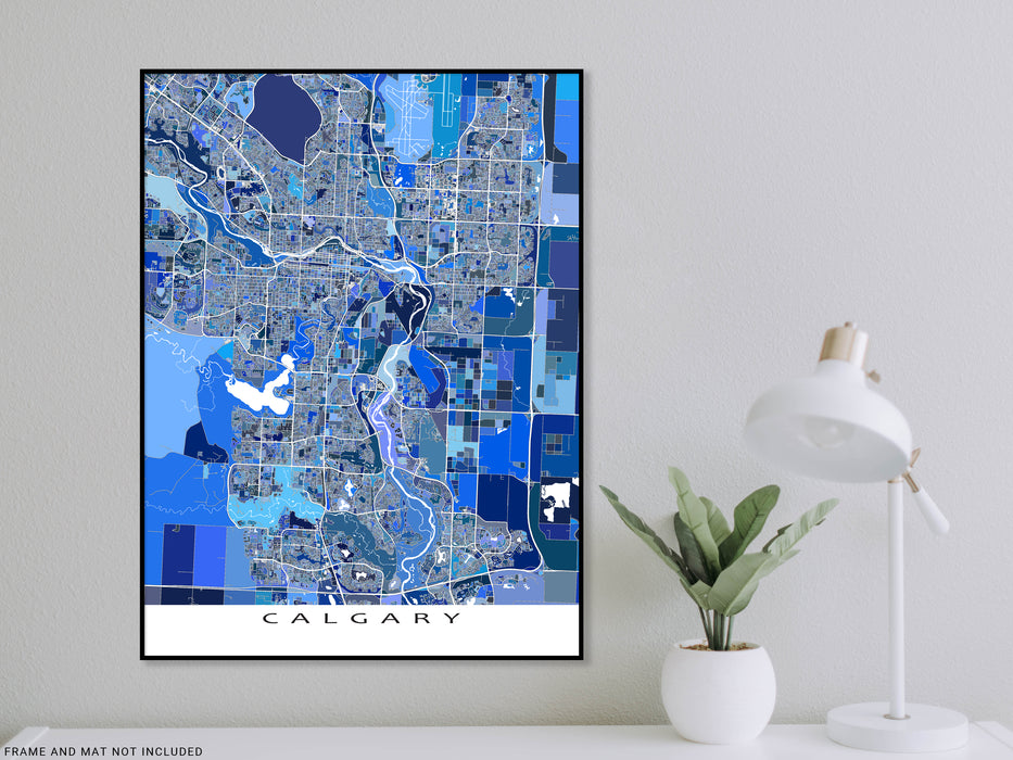Calgary, Canada map art print in blue shapes designed by Maps As Art.