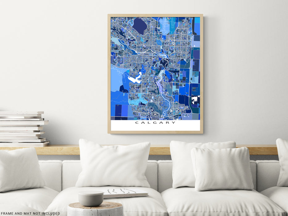 Calgary, Canada map art print in blue shapes designed by Maps As Art.