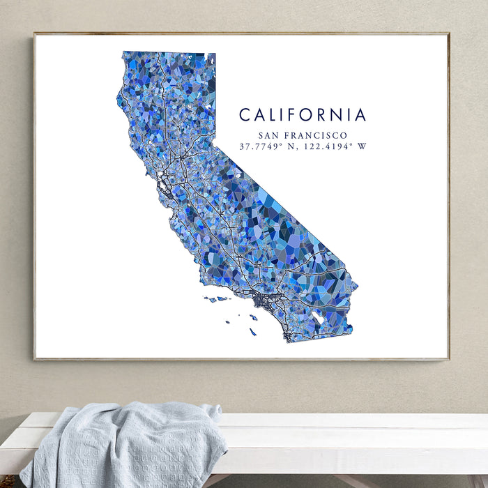 California State Map Print: Blue Mosaic Wall Art Design (Custom Subtitle)