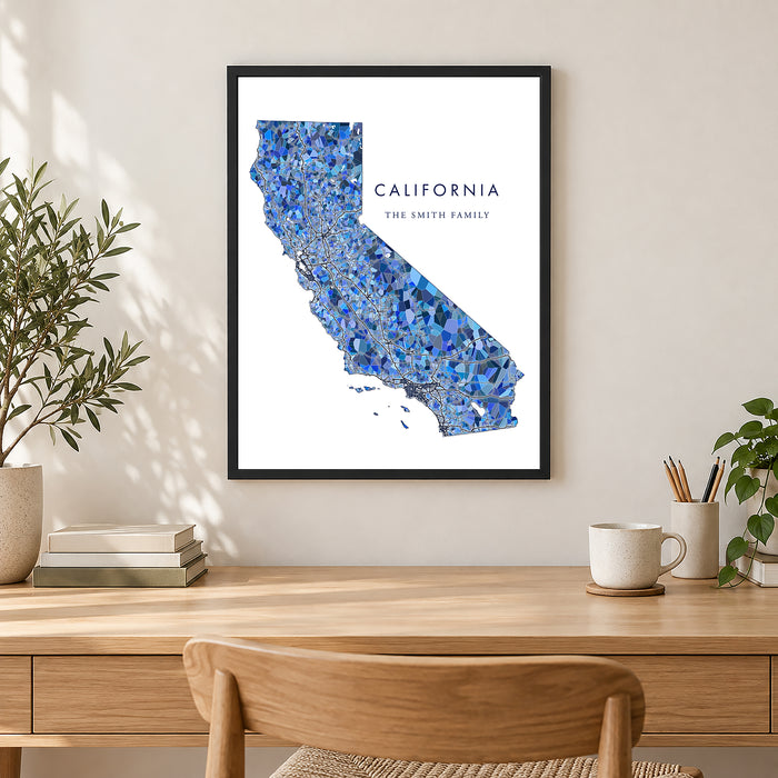 California State Map Print: Blue Mosaic Wall Art Design (Custom Subtitle)