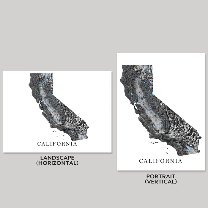 Two views of a topographic map of California on a gray background.