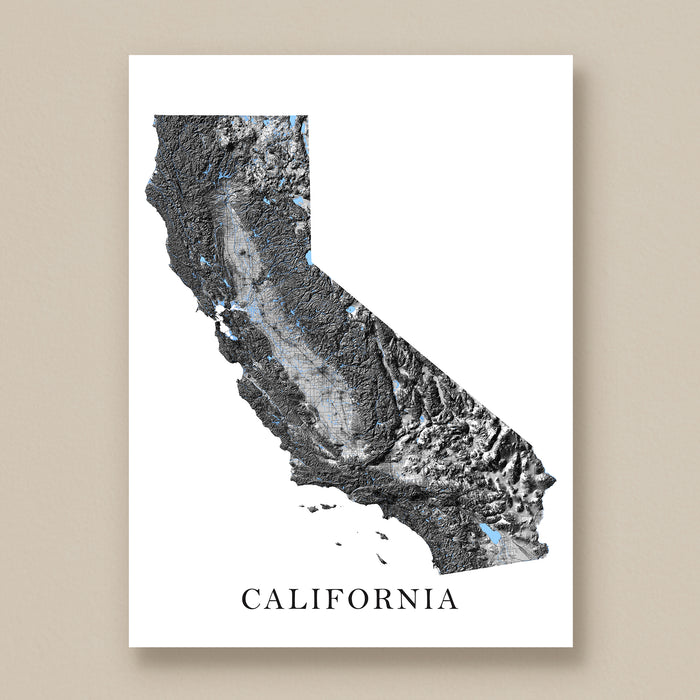 Topographic map of California on a white background