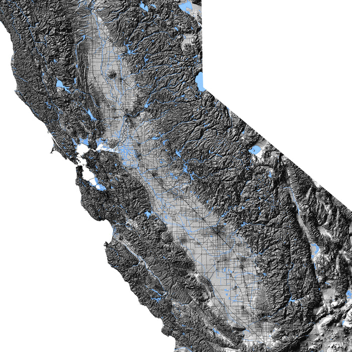 Topographic map of California showing terrain and water bodies.