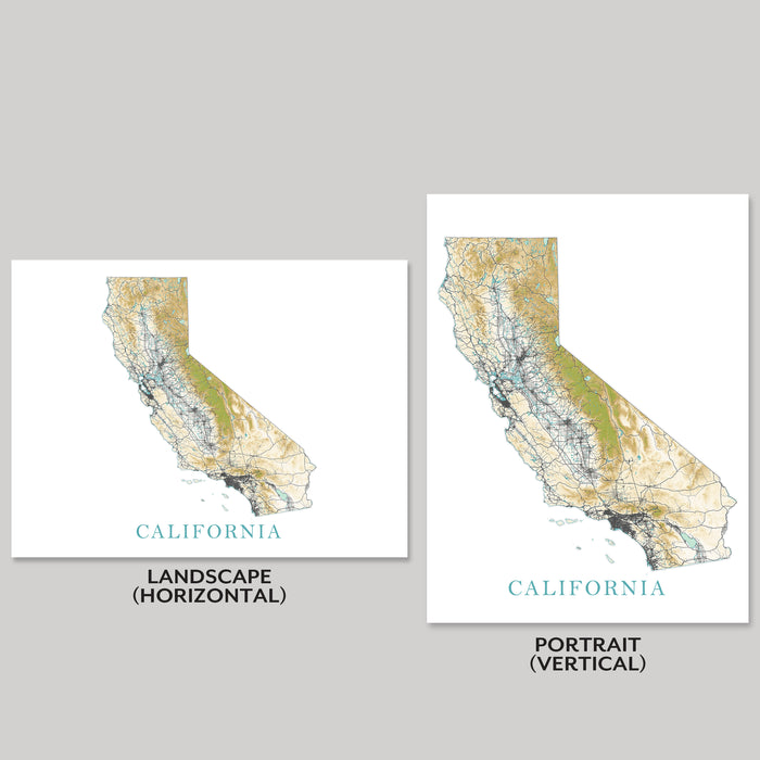 California Map Print: State Landscape Wall Art Poster, Earth Tone