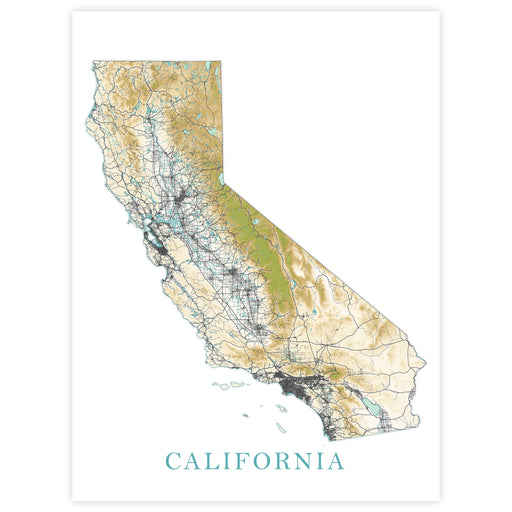 Map of California with roads and geography on a white background