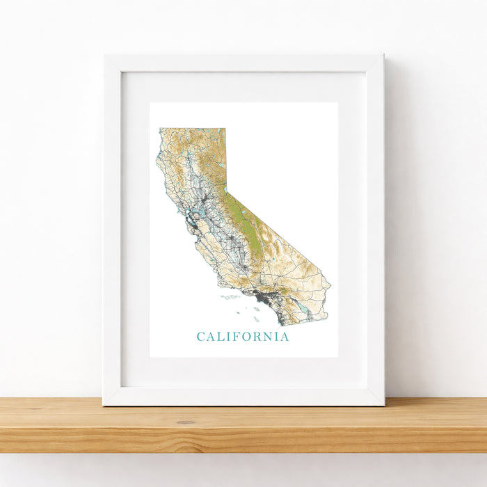 Framed map of California on a white wall