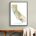 Framed map of California on a wall above a wooden bench.