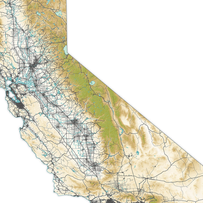 Topographic map of California with roads and elevation details.