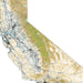 Topographic map of California with roads and elevation details.