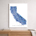 Map of California in blue mosaic design on a white background