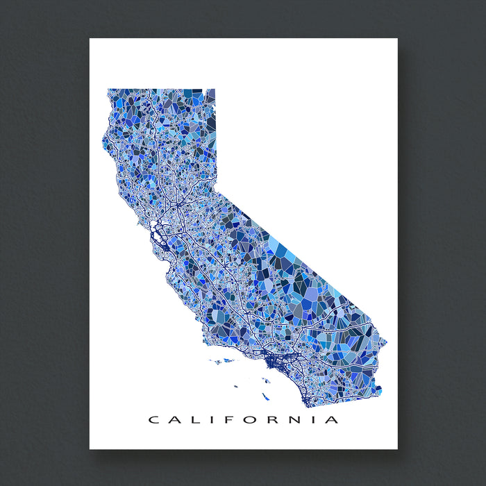 Map of California with a blue mosaic pattern on a white background