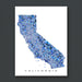 Map of California with a blue mosaic pattern on a white background
