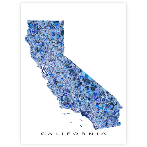 Map of California with a blue mosaic pattern on a white background