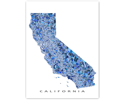 California state map art print in blue shapes designed by Maps As Art.