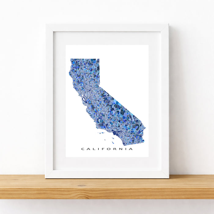 Framed map of California with a blue mosaic pattern on a white background