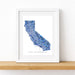 Framed map of California with a blue mosaic pattern on a white background