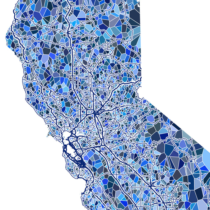 Map of California with a mosaic of blue shapes