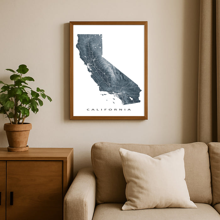 Framed map of California on a wall above a beige sofa with a plant beside it.