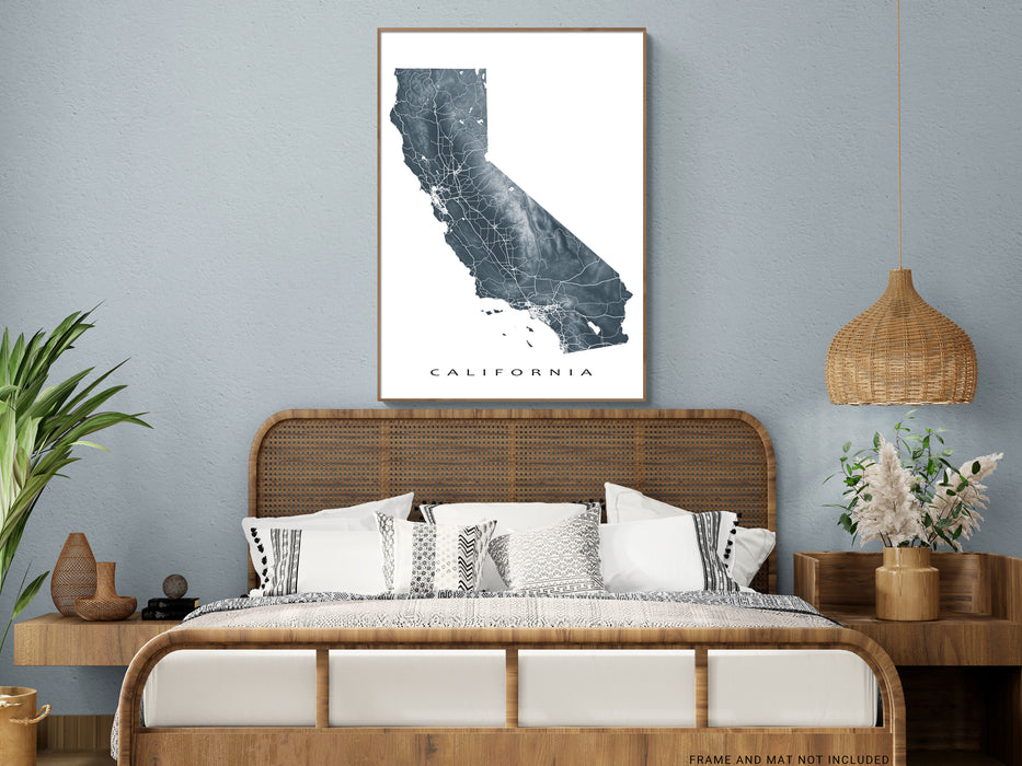California map print with natural landscape and main roads designed by Maps As Art.
