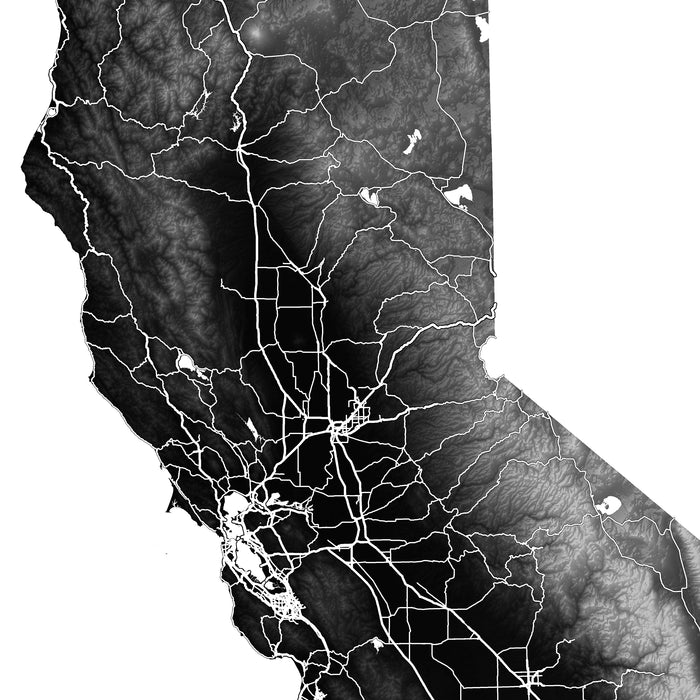Map of California with roads and topography in black and white