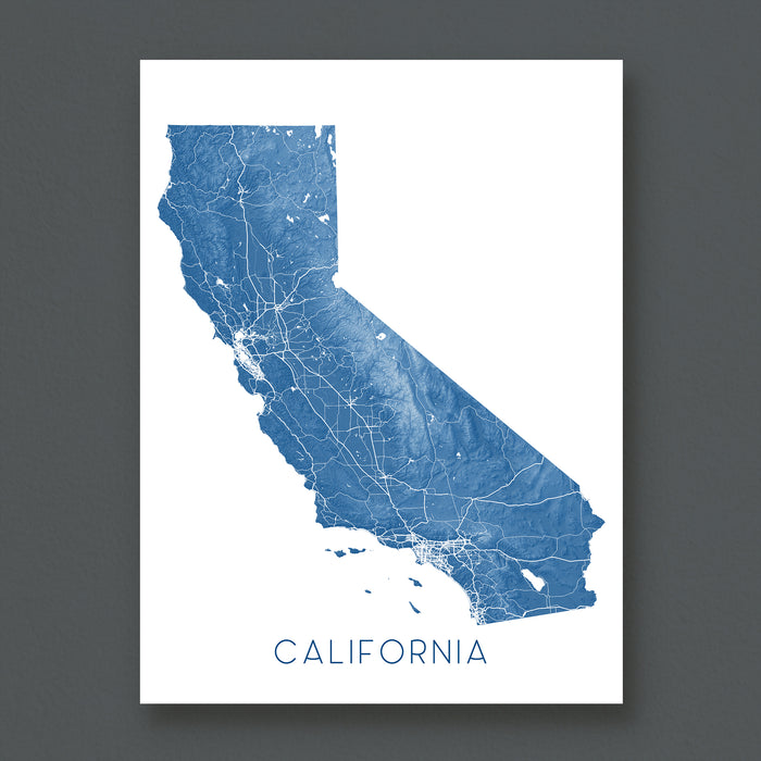 Map of California on a white background with blue coloring