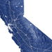 Topographic map of California with roads and terrain details.