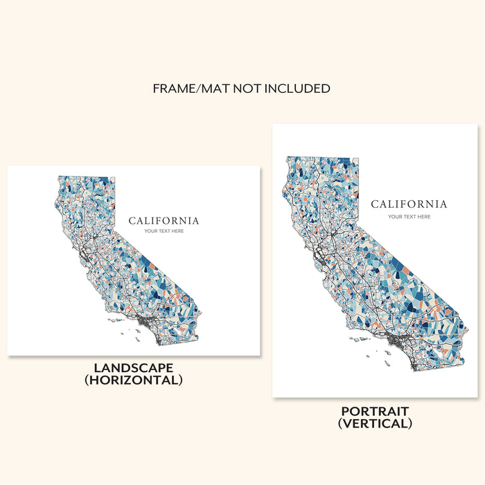 Two poster-style prints showing a stylized map of California, one labeled landscape (horizontal) and one labeled portrait (vertical), on a light beige background. Text at the top says frame/mat not included.