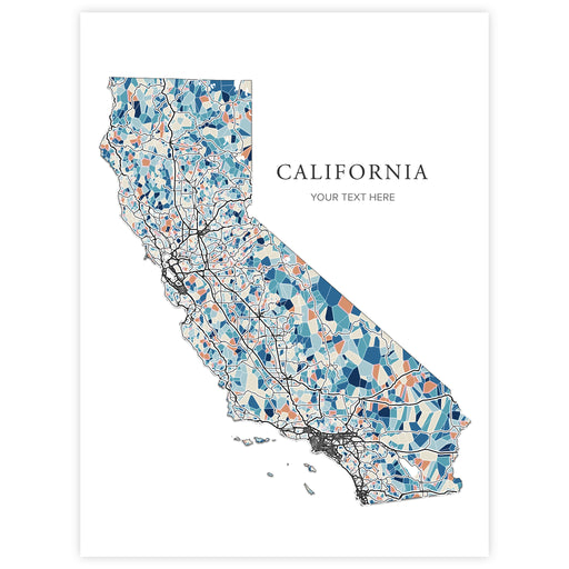 A modern map art print of California, featuring a mosaic pattern of blue, white, and orange tiles with black roads and gray outlines. The word 'CALIFORNIA' is printed in a serif font, with 'YOUR TEXT HERE' underneath, all on a clean white background.