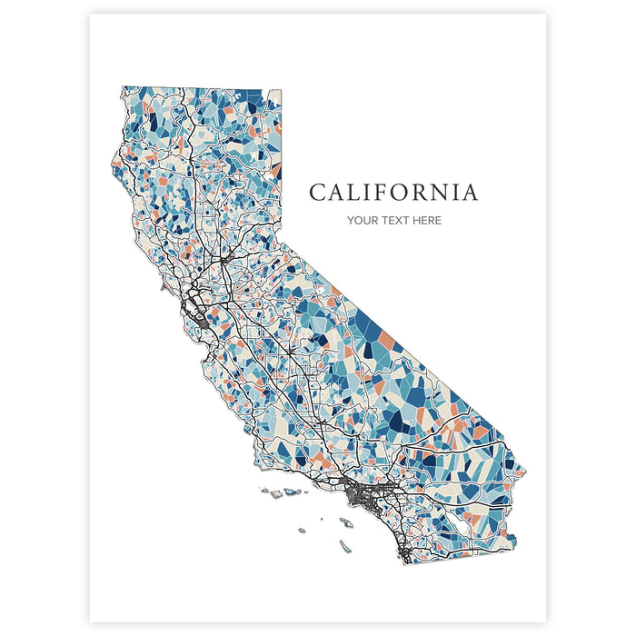 A modern map art print of California, featuring a mosaic pattern of blue, white, and orange tiles with black roads and gray outlines. The word 'CALIFORNIA' is printed in a serif font, with 'YOUR TEXT HERE' underneath, all on a clean white background.