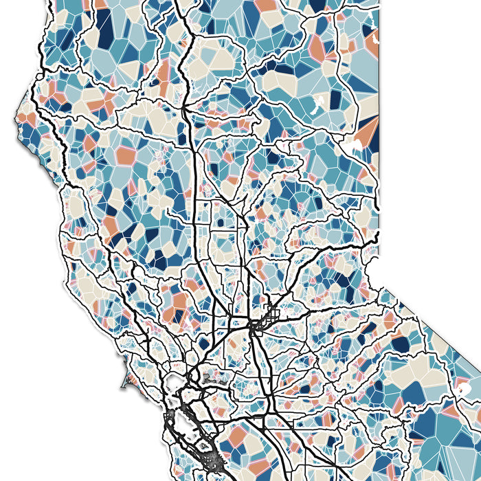A stylized map of California filled with many irregular color patches in shades of blue, navy, beige, and muted orange, separated by black outlines and overlaid with a network of black roads and lines.