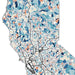 A stylized map of California filled with many irregular color patches in shades of blue, navy, beige, and muted orange, separated by black outlines and overlaid with a network of black roads and lines.