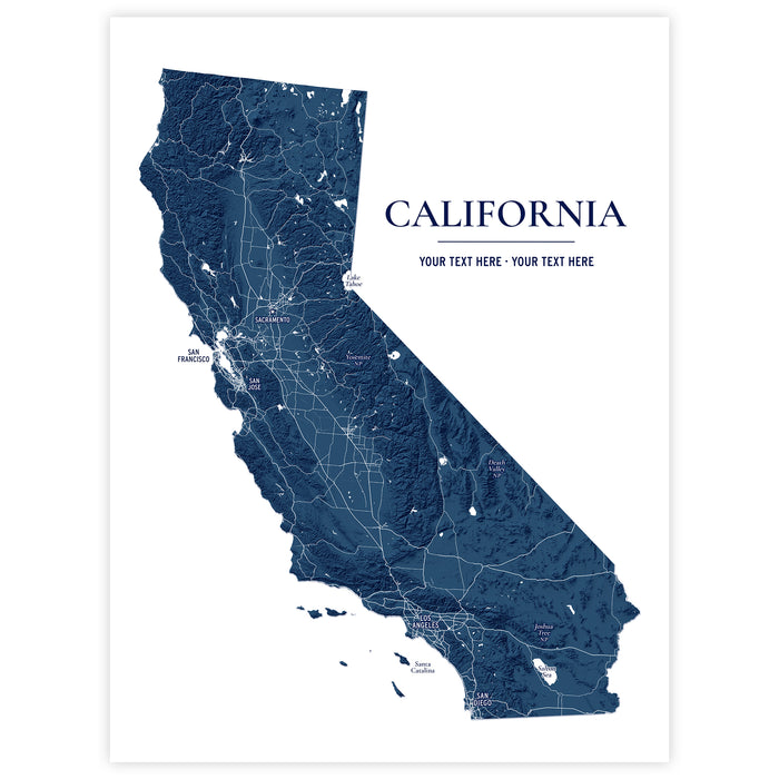 A minimalist California state map print in dark navy blue on a white background, with the word "CALIFORNIA" and placeholder text on the right side.