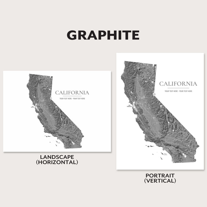Two grayscale California map art prints shown on a light beige background, labeled GRAPHITE. One print is landscape (horizontal) and the other is portrait (vertical), with placeholder text on the maps.