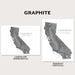 Two grayscale California map art prints shown on a light beige background, labeled GRAPHITE. One print is landscape (horizontal) and the other is portrait (vertical), with placeholder text on the maps.