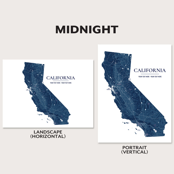 Two California state map art prints shown on a light beige background, labeled Midnight. The left print is landscape orientation and the right is portrait orientation, both featuring a dark navy blue map design with white road details and placeholder text.