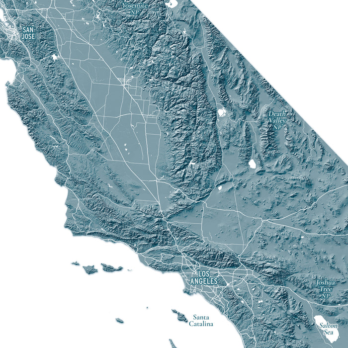 A stylized topographic map of California in muted blue-gray tones with white road lines and labeled cities including Los Angeles, San Jose, and Santa Barbara.