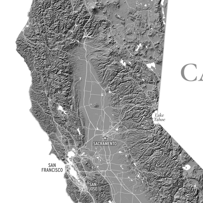 A grayscale topographic map print of California, showing terrain relief, major roads, and labeled cities including San Francisco, San Jose, Sacramento, and Lake Tahoe.