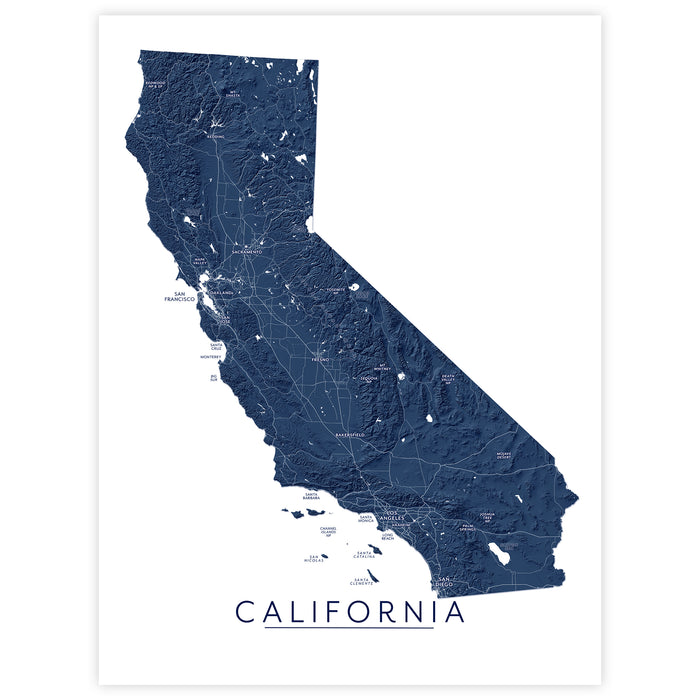A minimalist map print of California in dark navy blue, featuring topographic shading, state boundaries, and the word 'CALIFORNIA' printed at the bottom, shown on a clean white background.