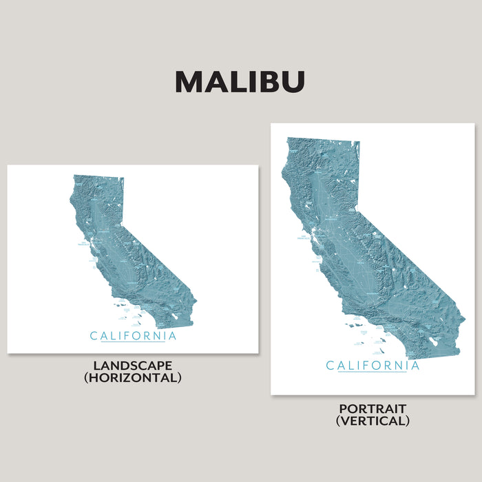 Two California map art prints labeled Landscape (Horizontal) and Portrait (Vertical) on a light gray background, with the word MALIBU at the top.