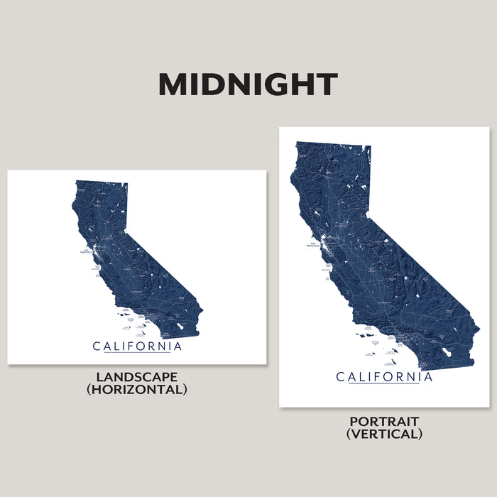 Two California state map art prints labeled Midnight are shown on a light gray background, with landscape and portrait orientation options displayed side by side.