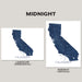 Two California state map art prints labeled Midnight are shown on a light gray background, with landscape and portrait orientation options displayed side by side.